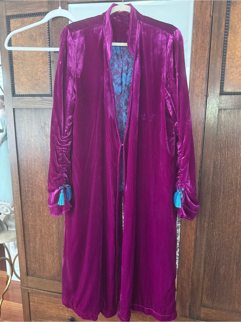 Free People Velvet Long Robe in Magenta with Teal Tassels